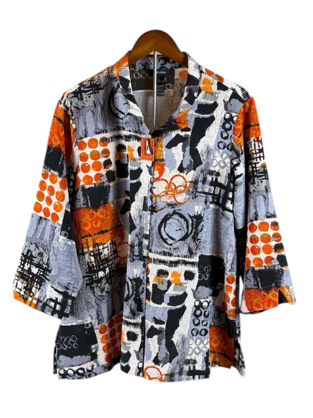 Ali Miles Crinkle Textured Geo Print Stand Collar 3/4 Sleeve Top Size Large